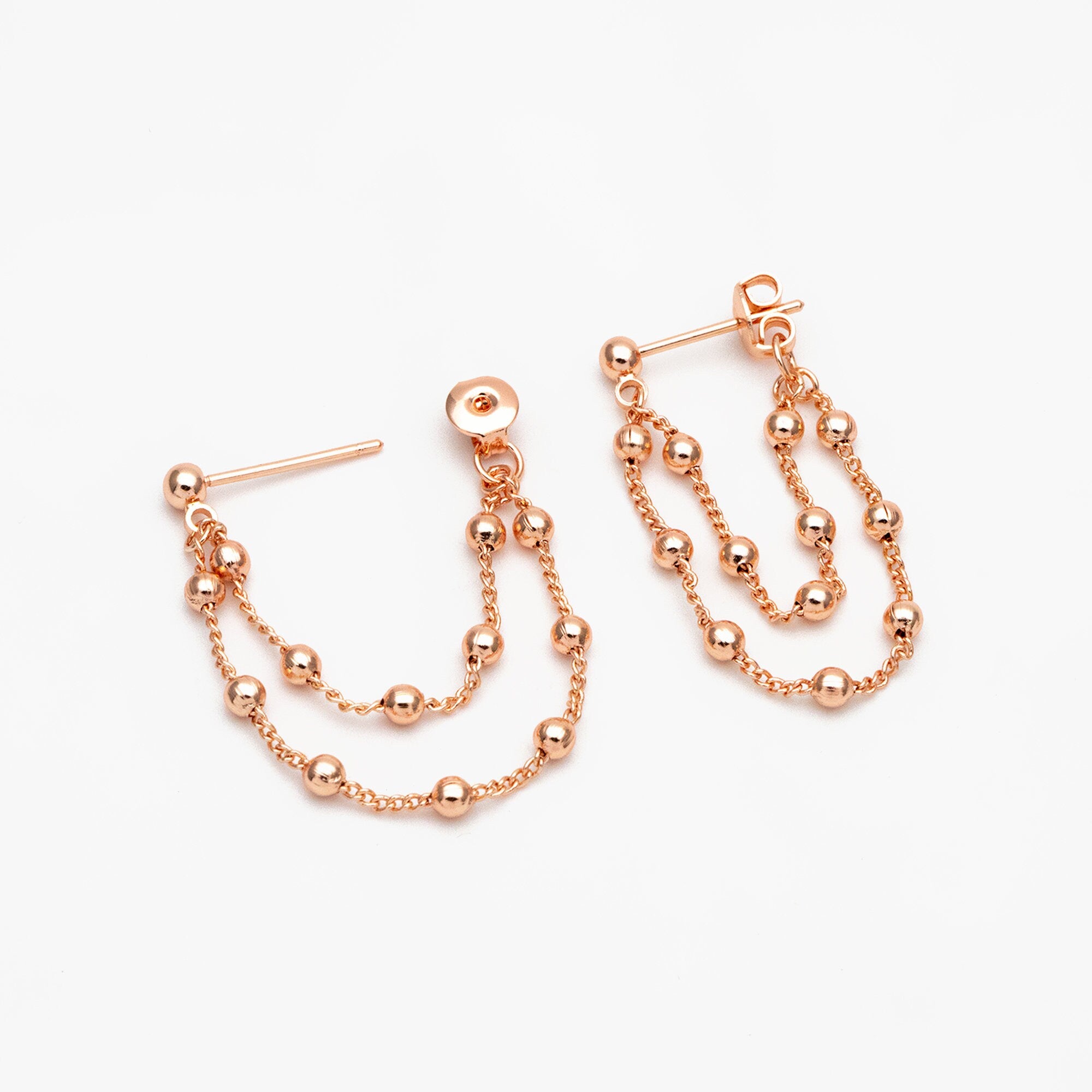 4pcs CZ Pave Gold/ Silver/ Rose Gold Chain Tassel Earrings, Gold/ Rhodium plated Brass, Front Back Earrings, Tassel Ear Jacket (GB-4189)